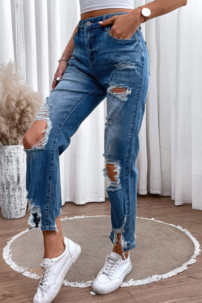Rock Effortless Style with Distressed Raw Hem Straight Jeans
