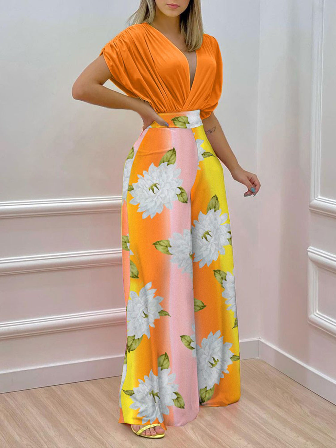 Turn Heads with the Printed Surplice Top and Wide Leg Pants Set
