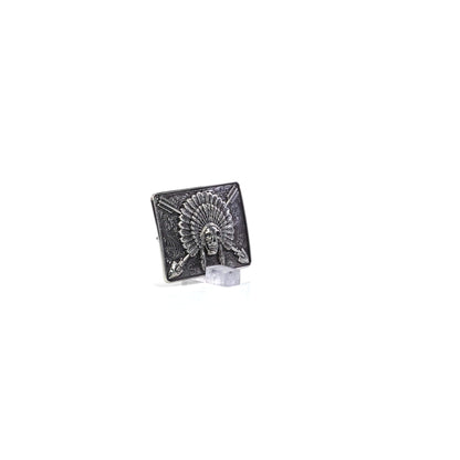 ARIAT Silver Rectangle Buckle with Indian Chief Skull, Headdress, and Crossing Arrows Motif, Western Scroll Engraving, 3-1/2" x 2-1/2"