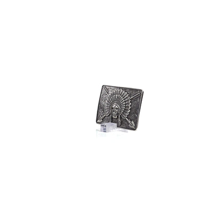 ARIAT Silver Rectangle Buckle with Indian Chief Skull, Headdress, and Crossing Arrows Motif, Western Scroll Engraving, 3-1/2" x 2-1/2"