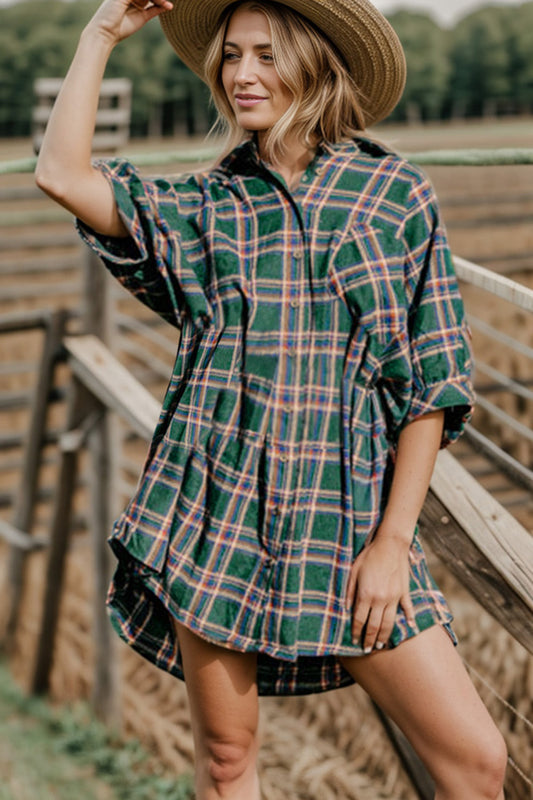 Step Out in Style with the Plaid Button Up Collared Neck Shirt Dress