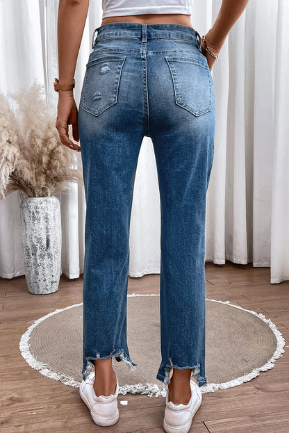 Rock Effortless Style with Distressed Raw Hem Straight Jeans