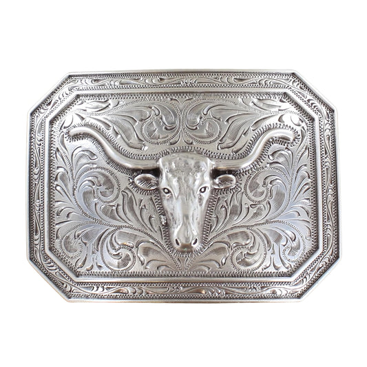 ARIAT Silver Rectangle Buckle with Longhorn Motif and Western Scroll Engraving, Smooth Edge Design, 4" x 3"