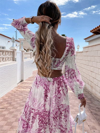 Bohemian Chic: V-Neck Backless Maxi Dress with Lantern Sleeves - Spring & Summer