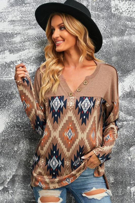 Add a Western Touch with the Brown Western Print Buttoned V Neck T